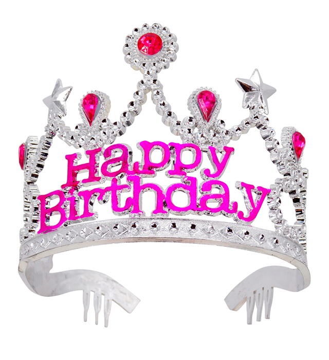 [01264] "DIADEME ARGENT HAPPY BIRTHDAY AVEC PIERRES PRECIEUSES ROSES"