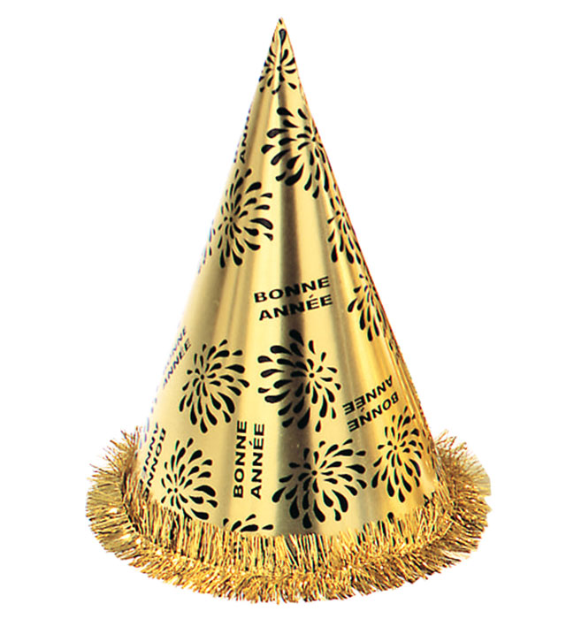 [7973D] "CHAPEAU POINTU BONNE ANNÉE OR AVEC FRANGE" h 28 cm
