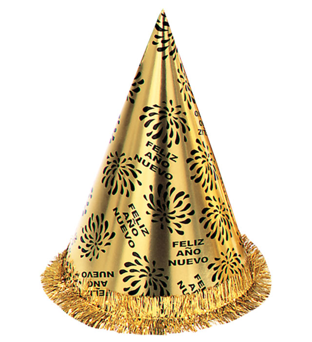 [7974C] "CHAPEAU POINTU FELIZ AÑO NUEVO OR AVEC FRANGE" h 28 cm