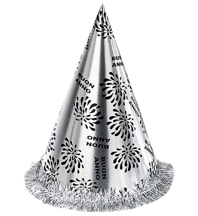 "CHAPEAU POINTU BUON ANNO ARGENT AVEC FRANGE" h 28 cm