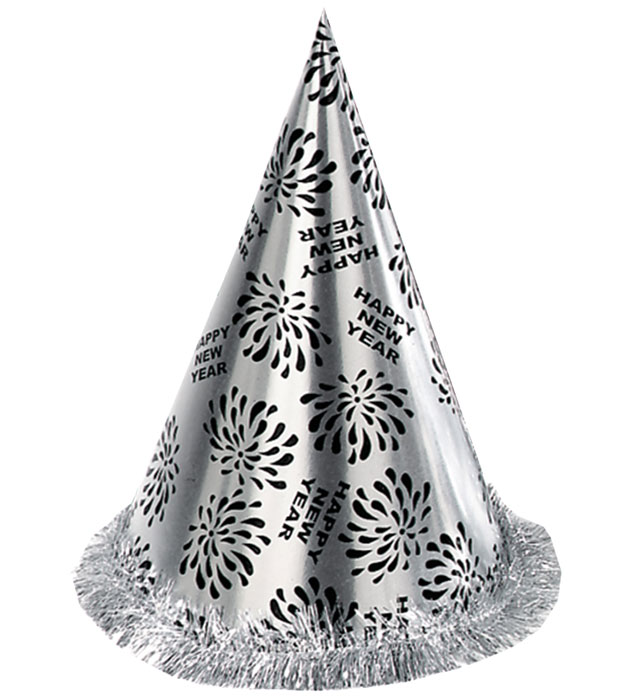 "CHAPEAU POINTU HAPPY NEW YEAR ARGENT AVEC FRANGE" h 28 cm