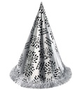 "CHAPEAU POINTU HAPPY NEW YEAR ARGENT AVEC FRANGE" h 28 cm