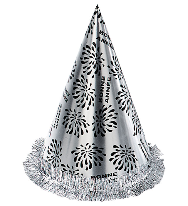 "CHAPEAU POINTU BONNE ANNÉE ARGENTAVEC FRANGE" h 28 cm