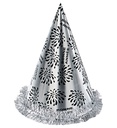 "CHAPEAU POINTU BONNE ANNÉE ARGENTAVEC FRANGE" h 28 cm