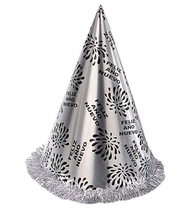 "CHAPEAU POINTU FELIZ AÑO NUEVO ARGENT AVEC FRANGE" h 28 cm