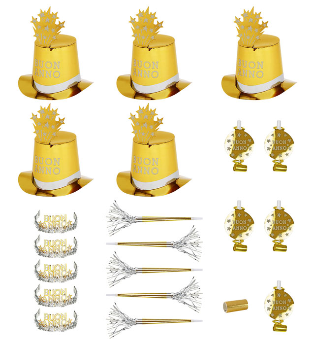 [8000B] "PARTY KIT BUON ANNO OR" pour 10 personnes (5 hauts-de-formes, 5 couronnes, 5 trompettes sonores, 5 langues sonores, 1 rouleau de 10 étoiles filantes décoratives)
