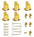 "PARTY KIT BUON ANNO OR" pour 10 personnes (5 hauts-de-formes, 5 couronnes, 5 trompettes sonores, 5 langues sonores, 1 rouleau de 10 étoiles filantes décoratives)