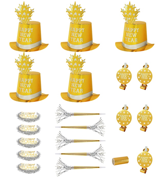 [8001E] "PARTY KIT HAPPY NEW YEAR OR" pour10 personnes (5 hauts-de-formes, 5couronnes, 5 trompettes sonores, 5langues sonores, 1 rouleau de 10 étoiles filantes décoratives)