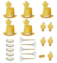 "PARTY KIT HAPPY NEW YEAR OR" pour10 personnes (5 hauts-de-formes, 5couronnes, 5 trompettes sonores, 5langues sonores, 1 rouleau de 10 étoiles filantes décoratives)