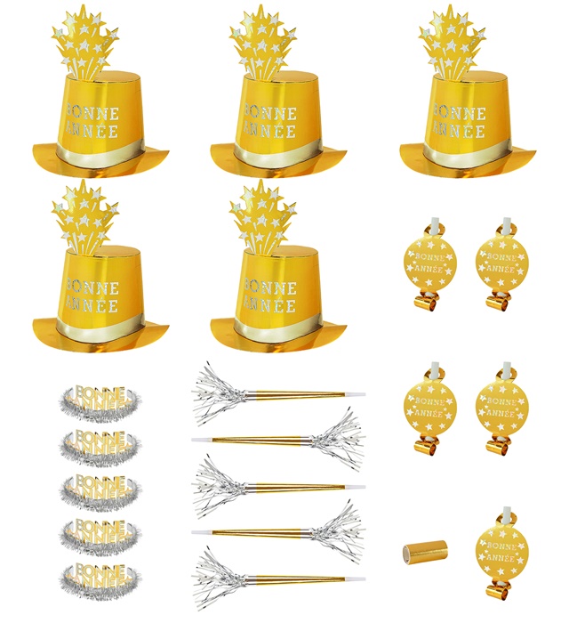 [8002F] "PARTY KIT BONNE ANNÉE OR" pour 10personnes (5 hauts-de-formes, 5 couronnes, 5 trompettes sonores, 5 langues sonores, 1 rouleau de 10 étoiles filantes décoratives)