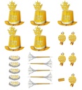 "PARTY KIT BONNE ANNÉE OR" pour 10personnes (5 hauts-de-formes, 5 couronnes, 5 trompettes sonores, 5 langues sonores, 1 rouleau de 10 étoiles filantes décoratives)