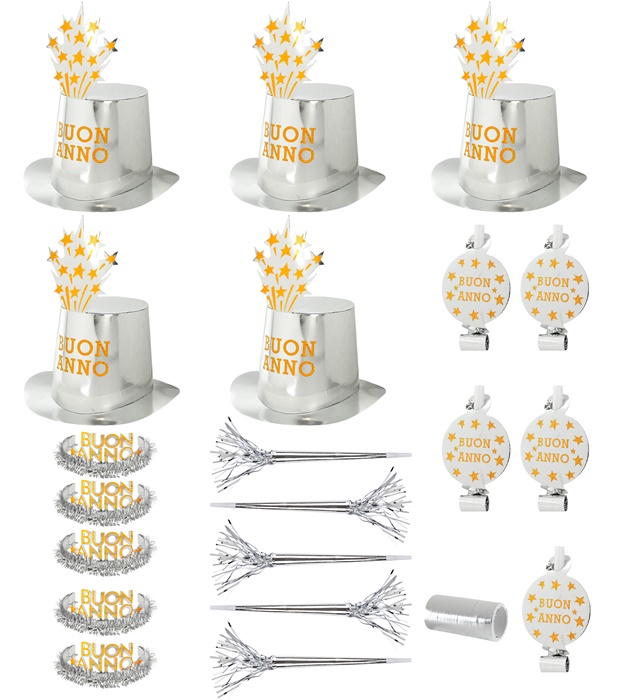 [8006W] "PARTY KIT BUON ANNO ARGENT" pour 10 personnes (5 hauts-de-formes, 5 couronnes, 5 trompettes sonores, 5 langues sonores, 1 rouleau de 10 étoiles filantes décoratives)