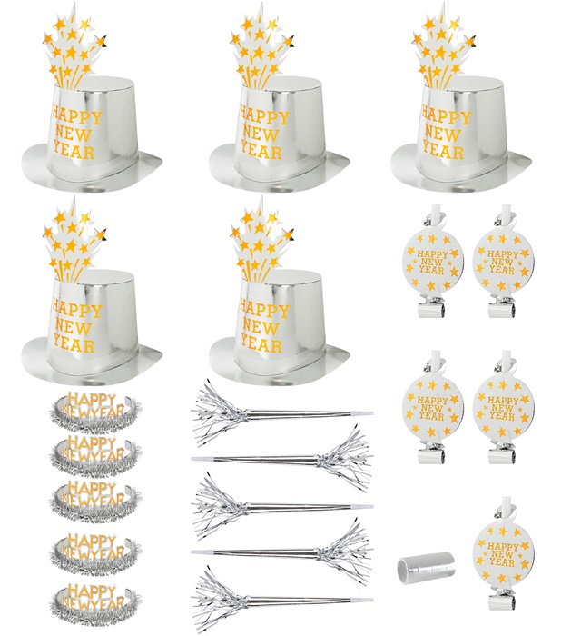 [8007C] "PARTY KIT HAPPY NEW YEAR ARGENT" pour 10 personnes (5 hauts-de-formes, 5 couronnes, 5 trompettes sonores, 5 langues sonores, 1 rouleau de 10 étoiles filantes décoratives)