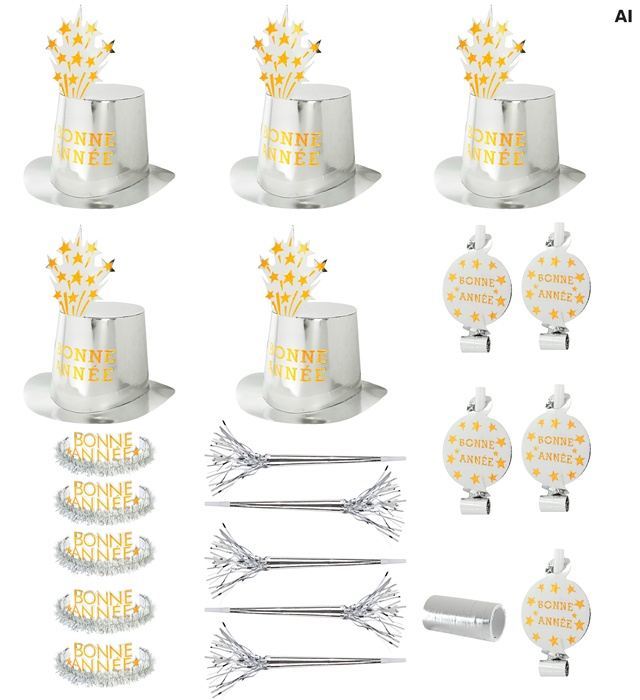 [8008F] "PARTY KIT BONNE ANNÉE ARGENT" pour 10 personnes (5 hauts-de-formes, 5 couronnes, 5 trompettes sonores, 5 langues sonores, 1 rouleau de 10 étoiles filantes décoratives)