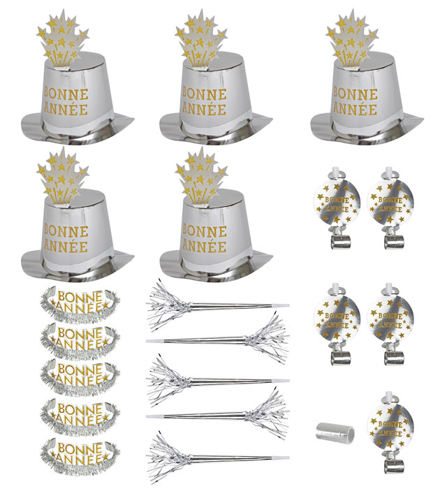 [8008F] "PARTY KIT BONNE ANNÉE ARGENT" pour 10 personnes (5 hauts-de-formes, 5 couronnes, 5 trompettes sonores, 5 langues sonores, 1 rouleau de 10 étoiles filantes décoratives)