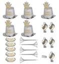 "PARTY KIT BONNE ANNÉE ARGENT" pour 10 personnes (5 hauts-de-formes, 5 couronnes, 5 trompettes sonores, 5 langues sonores, 1 rouleau de 10 étoiles filantes décoratives)