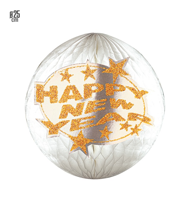 "GLOBE A NID D'ABEILLES HAPPY NEW YEAR HOLOGRAPHIQUE ET " diam. 25 cm - or et argent ass.