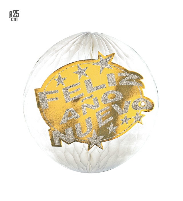 "GLOBE A NID D'ABEILLES FELIZ AÑO NUEVO HOLOGRAPHIQUE ET " diam. 25 cm - or et argent ass.