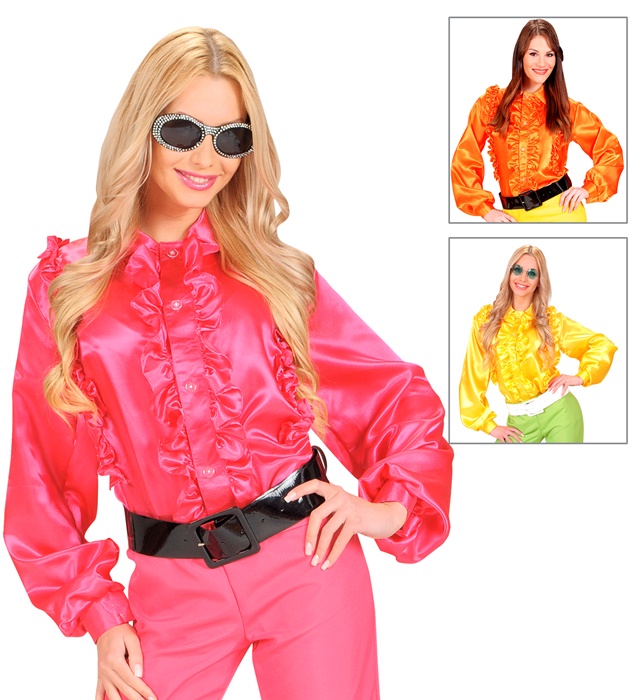"CHEMISE A JABOT" satin - 3 coul.: rose, orange, jaune