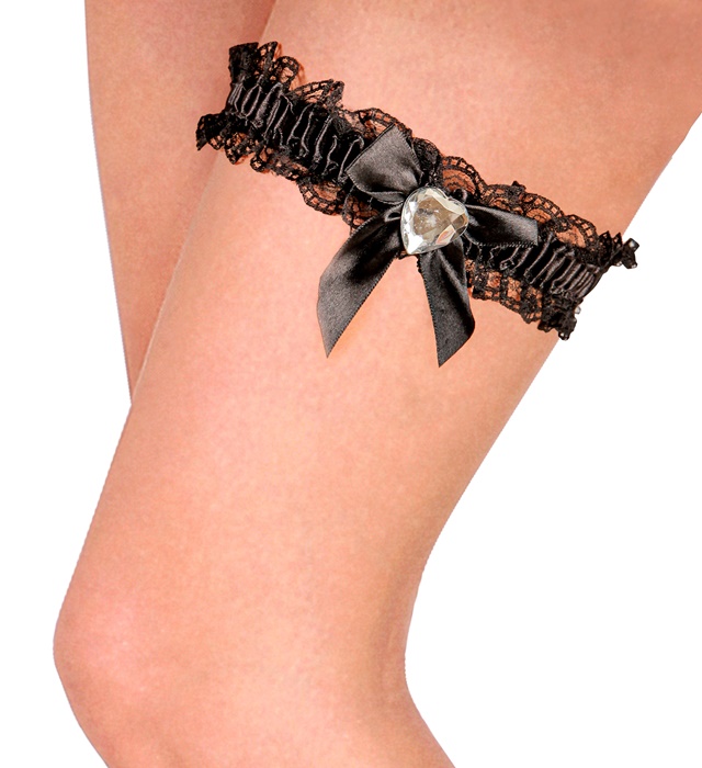 [8202T] "JARRETIERE NOIRE AVEC NOEUD ET DIAMANT EN COEUR"