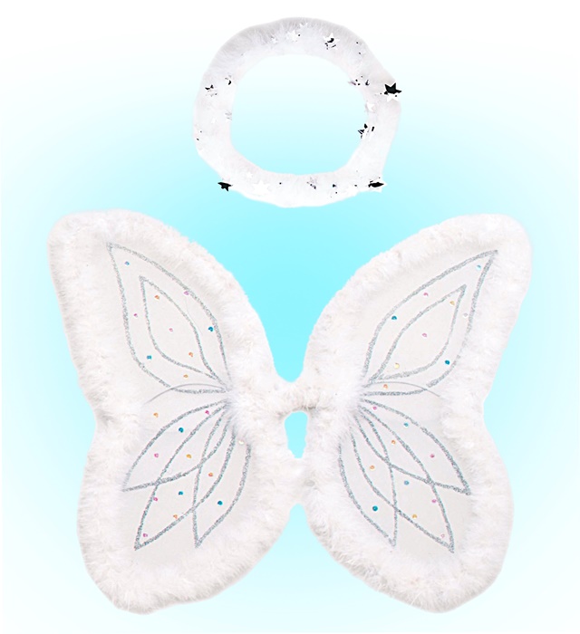 "SET ANGE" (ailes moldables avec décoration marabou et paillettes, auréole marabou étincelante)