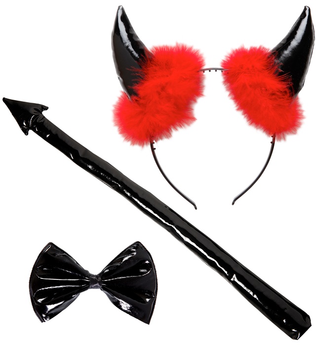 "DEMON FEMME EN VINYL NOIRE" set déguisement (cornes, noeud-papillon,queue)