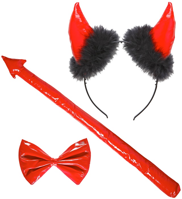"DEMON FEMME EN VINYL ROUGE" set déguisement (cornes, noeud-papillon,queue)