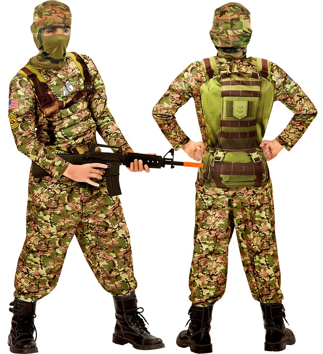 "SOLDAT DE COMBAT" (maillot muscles, pantalon, masque à capuche)