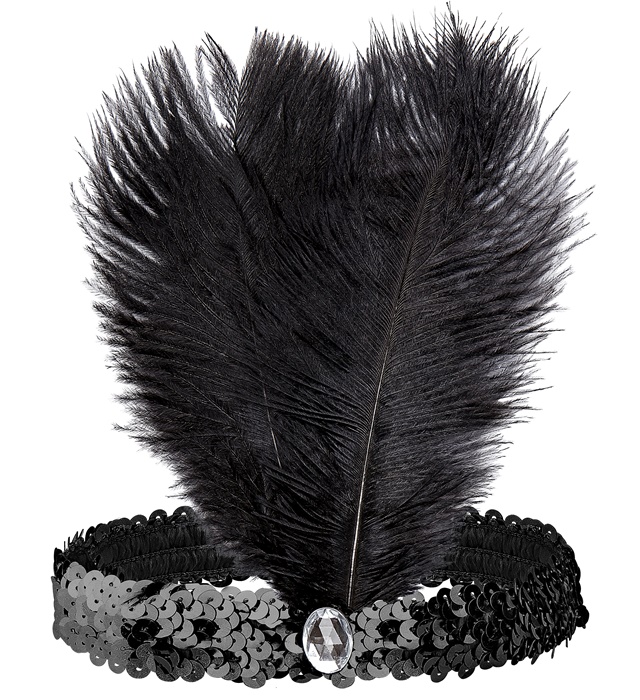 "BANDEAU DES ANNÉES 20 EN SEQUINS AVEC 2 PLUMES ET BIJOU NOIR"
