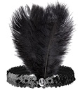 "BANDEAU DES ANNÉES 20 EN SEQUINS AVEC 2 PLUMES ET BIJOU NOIR"