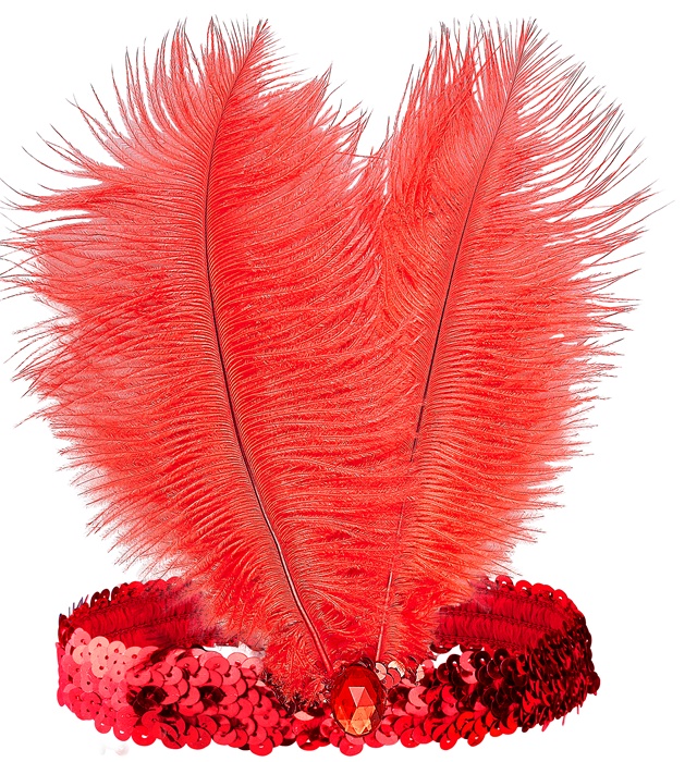 "BANDEAU DES ANNÉES 20 EN SEQUINS AVEC 2 PLUMES ET BIJOU ROUGE"