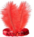 "BANDEAU DES ANNÉES 20 EN SEQUINS AVEC 2 PLUMES ET BIJOU ROUGE"