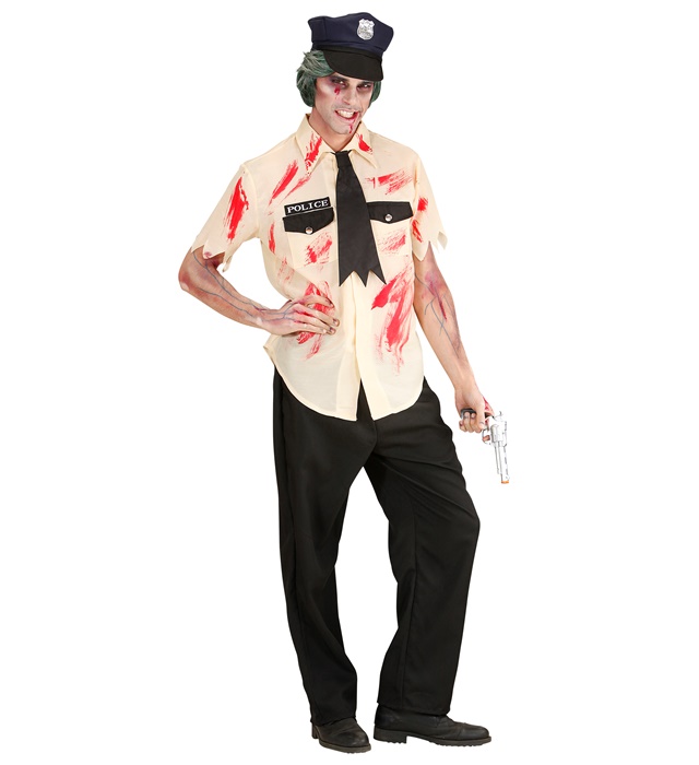 "POLICIER ZOMBIE" (chemise tachée de sang, pantalon, cravate en loques, chapeau)