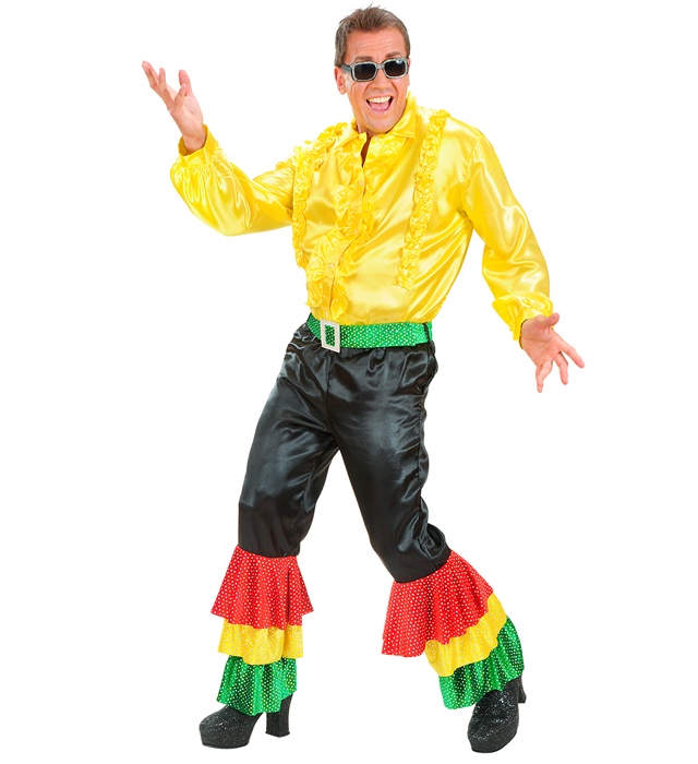 "PANTALON NOIR SATIN AVEC PAILLETTES HOLOG. EN 3 COUL. ET CEINTURE VERTE DE VELOURS AVEC PAILLETTES HOLOG. ET BOUCLE ARGENTEE"