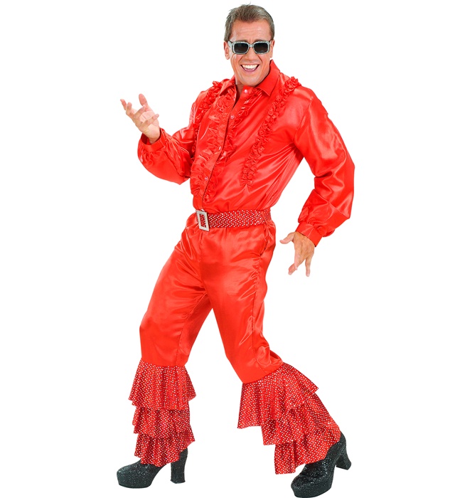 "PANTALON ROUGE SATIN AVEC 3 COUCHES DE PAILLETTES HOLOG. ET CEINTUREROUGE DE VELOURS AVEC PAILLETTES HOLOG. ET BOUCLE ARGENTEE"