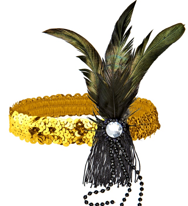 "BANDEAU A PAILLETTES OR AVEC PLUMES ET PERLES"