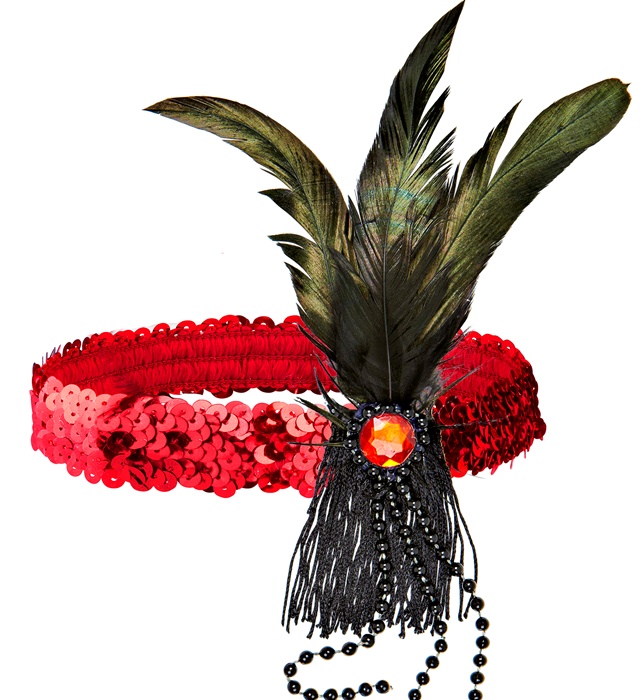 "BANDEAU A PAILLETTES ROUGE AVEC PLUMES ET PERLES"