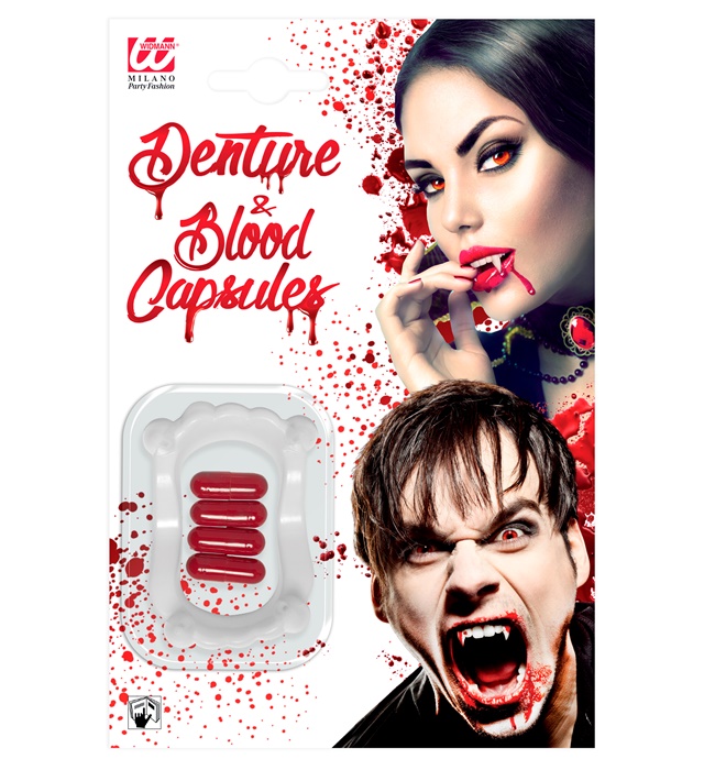 "DENTURE VAMPIRE AVEC 4 CAPSULES DE SANG"