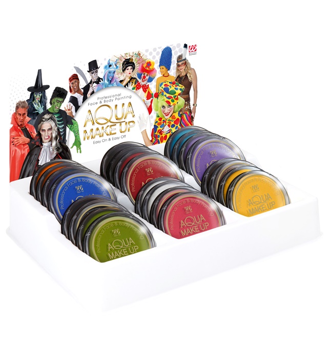 [9255X] "24 AQUA MAKEUP" - 10 mL - Présentoir de 24 (2 x blanc, noir, marron, rouge, fuchsia, bleu ciel, vert ém., violet, bleu, jaune, orange, gris)