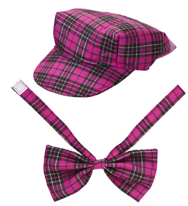 [9304P] "CHAPEAU TARTAN ROSE ET NOEUD PAPILLON"
