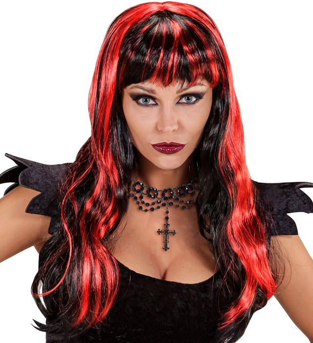 "PERRUQUE HALLOWEEN NOIRE AVEC MECHES ROUGES" en sachet