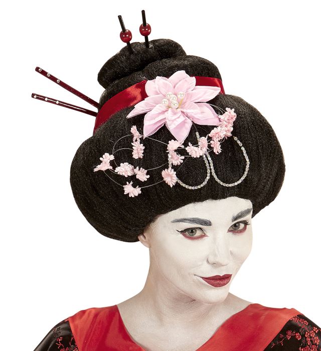 [93335] "PERRUQUE GEISHA AVEC FLEURS & BAGUETTES" en boite