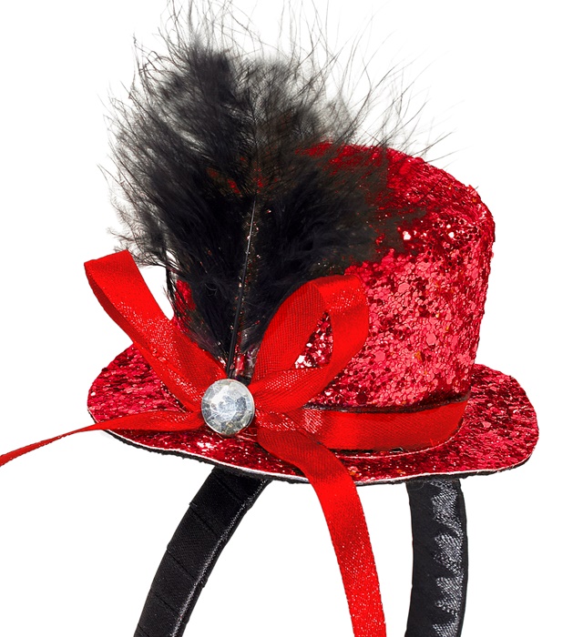 "PETIT HAUT-DE-FORME  AVEC DIAMANT, NOEUD ET PLUME SUR SERRE-TETE" - ROUGE