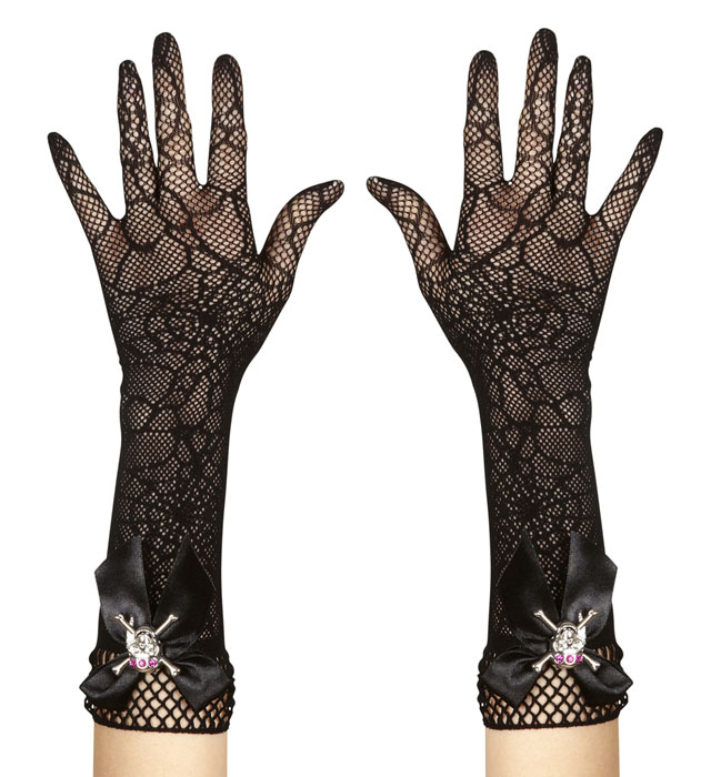 [9382S] "GANTS A MAILLE TOILE D'ARAIGNEE AVEC CRÂNE STRASS - 33 cm"