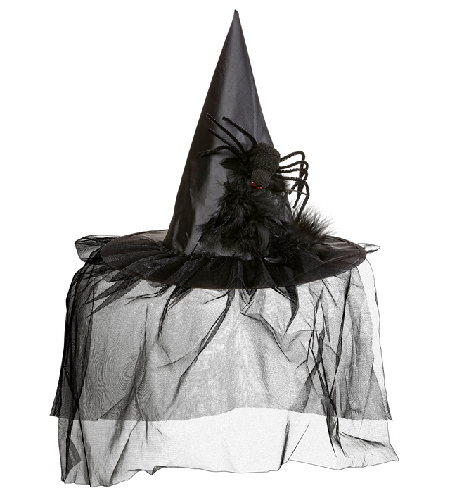 "CHAPEAU DE SORCIERE AVEC TULLE, PLUMES ET ARAIGNEE"