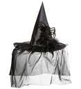"CHAPEAU DE SORCIERE AVEC TULLE, PLUMES ET ARAIGNEE"