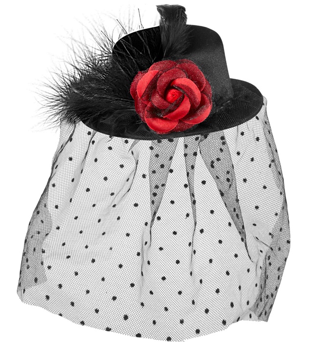 "PETIT HAUT-DE-FORME NOIR AVEC ROSE, TULLE A POIS ET PLUMES"