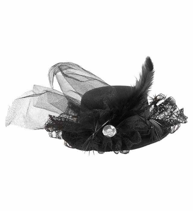 "PETIT HAUT-DE-FORME NOIR AVEC DIAMANT, DENTELLE, TULLE ET PLUMES"