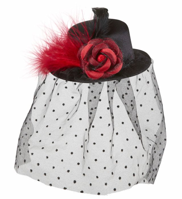 "PETIT HAUT-DE-FORME NOIR AVEC ROSE, VOILE TULLE A POIS ET PLUMES"