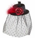 "PETIT HAUT-DE-FORME NOIR AVEC ROSE, VOILE TULLE A POIS ET PLUMES"